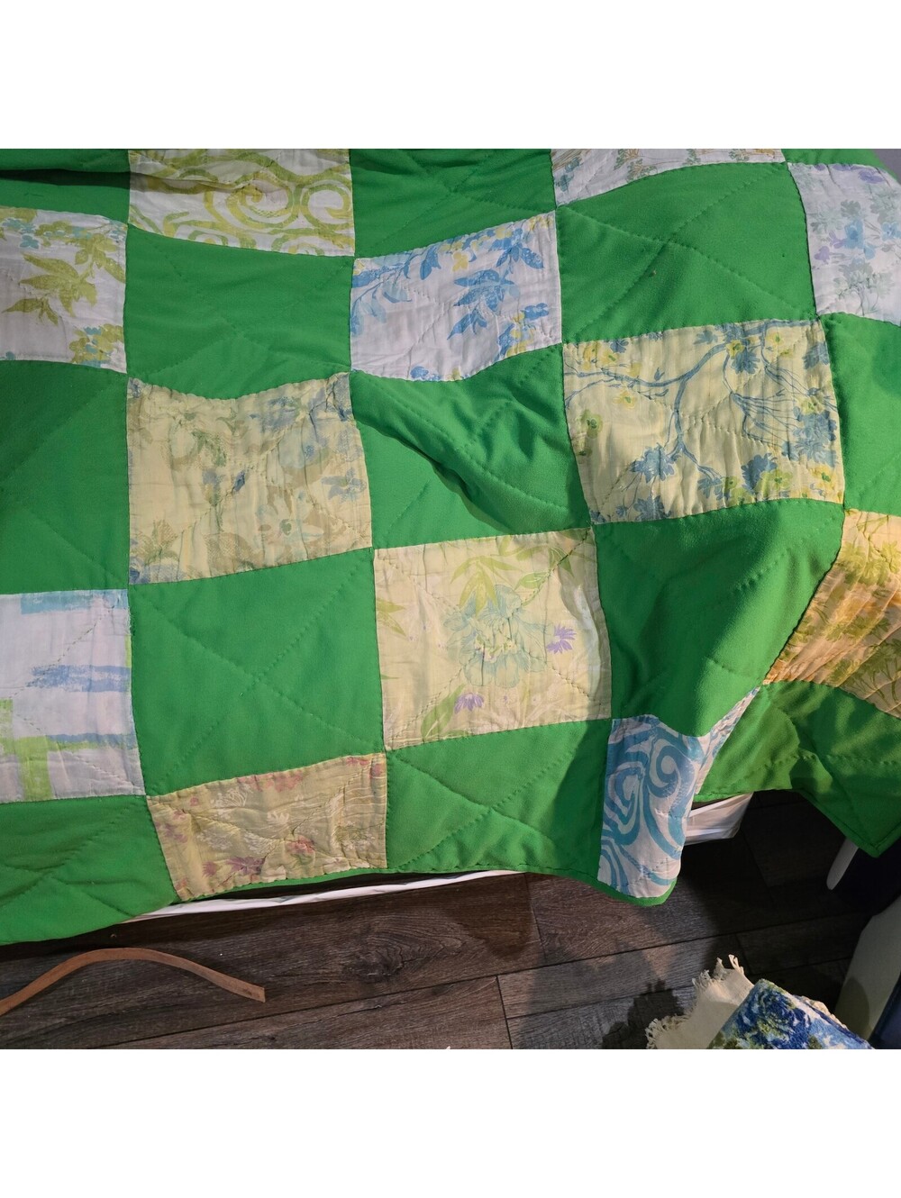 Vintage Handmade Patchwork Quilt in Green and Pastel Floral 1970s boho MCM
